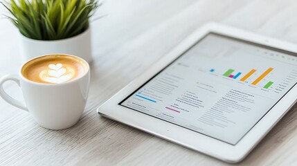 Business plan on a tablet screen with a coffee cup nearby, digital business planning