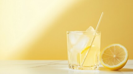 Wall Mural - a glass of refreshing lemonade with ice and a lemon slice on a white surface against a yellow backgr