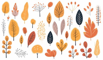 Aufkleber - Collection of Hand-Drawn Autumn Leaves and Branches in Orange and Brown Tones
