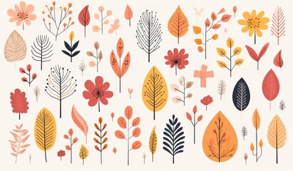 Aufkleber - A Collection of Stylized Autumn Foliage and Flowers