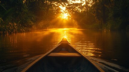 Wall Mural - A wooden canoe glides through a tranquil river at sunrise, surrounded by lush rainforest. The sun's golden rays illuminate the water, creating a magical atmosphere.