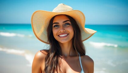 Smiling woman in hat near the beach with bright sea in background.