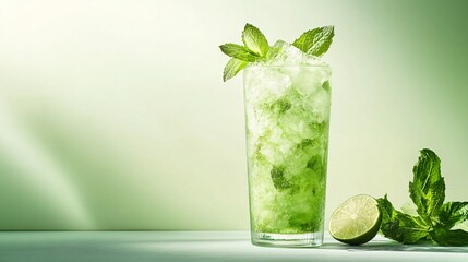 Wall Mural - a refreshing glass of iced beverage garnished with mint and lime.