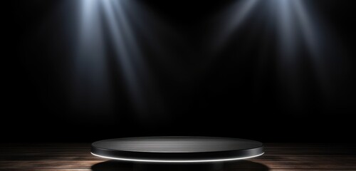 Aufkleber - Black Circular Platform with Glowing Base and Spotlight on Dark Wooden Floor