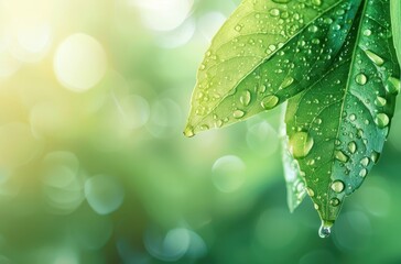 Poster - Dew-Covered Green Leaves with a Blurred Background