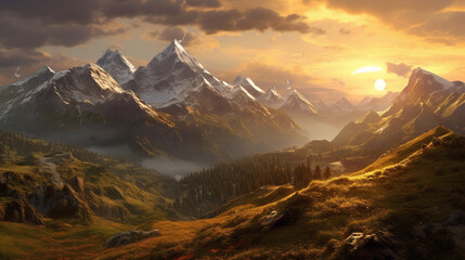 Poster - Mountains in the clouds at sunset. Beautiful mountains while orange sunset with clouds in sky.  Mountains tops. Wild nature, AI generated. Beautiful landscape with sun and clouds. 3d illustration.