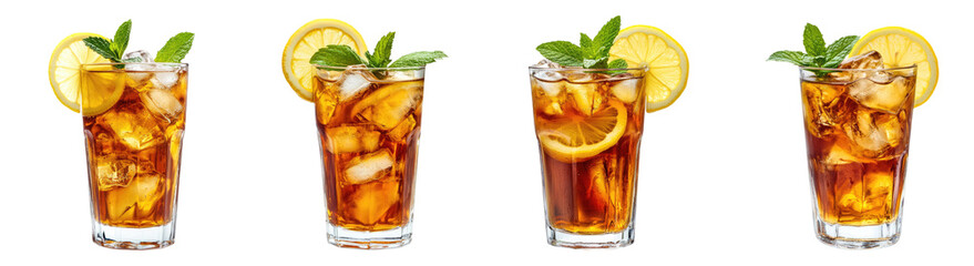 Collection of refreshing iced tea with lemon and mint isolated on white background