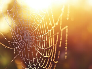 Aufkleber - A Dew-Covered Spiderweb Glowing in the Warm Morning Sun