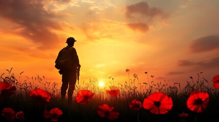 Wall Mural - Soldier Silhouette at Sunset in a Field of Red Poppies with Dramatic Sky