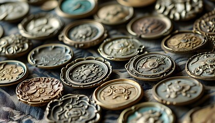 Intricate Antique Medallions on Textured Fabric Background