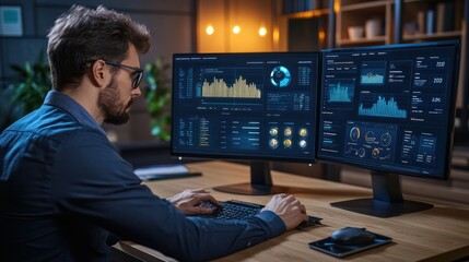 Poster - analyst uses computer and dashboard for data business analysis and data management system with kpi a