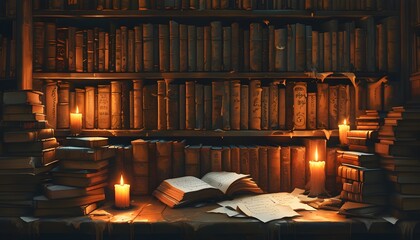 Enchanting library filled with ancient tomes, manuscripts on a desk, and warm candlelight creating a mystical atmosphere