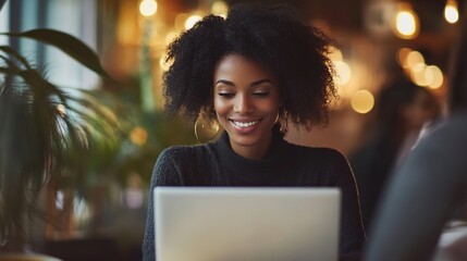 Sticker - Smiling Woman Working on Laptop in Cozy Cafe