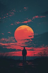 Wall Mural - A man stands on a hill overlooking a large red sun