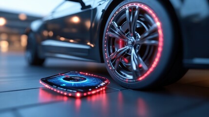 Poster - Futuristic Car Wheel with Digital Interface Glow