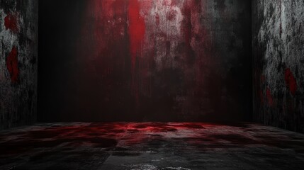 Black blood red horror background Interior room Concrete old wall floor Grunge Product display 3d rendering Empty space For mockup showcase design Stage Dark Spooky creepy Brokencracke : Generative AI