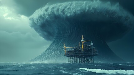 Wall Mural - Dramatic scene of a massive tsunami violently crashing against an offshore oil and gas platform