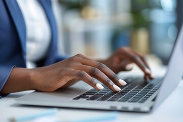 Close-up of a young woman's African-American hands typing on a laptop keyboard. Business, technology, online communication agreement and productivity in a professional setting concept