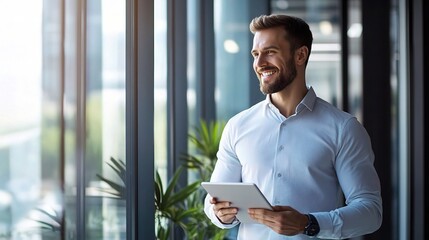 Sticker - Smiling Man with Tablet by Window in Modern Office