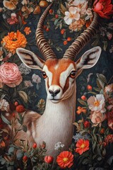 Wall Mural - Majestic Gazelle Amidst Vibrant Floral Background in Detailed Artistic Illustration