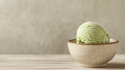 Wall Mural - a single scoop of green ice cream in a ceramic bowl on a wooden table with a blurred background.