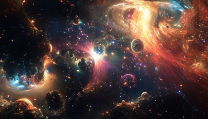 Wall Mural - Cosmic Nebula with Glowing Gas and Planets