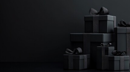 Black stylish gift boxes on the black wall background with copy space for text. Black Friday banner