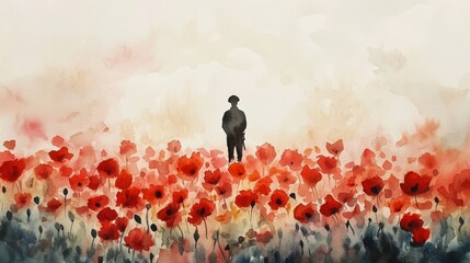 Poster - A man stands in a field of red flowers