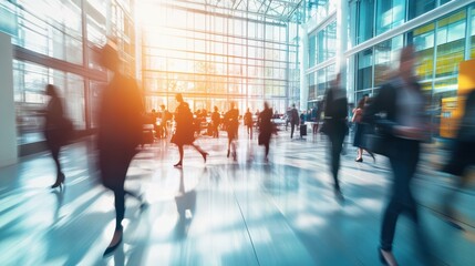 Poster - bright business workplace with people in walking in blurred motion in modern office space