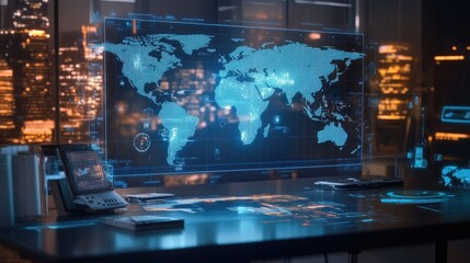 A conceptual image of global business with a world map hologram projected onto a desk setup.