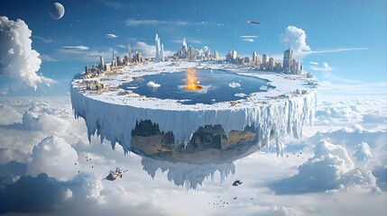 Flat Earth with Visible Mountains Rivers and Cities on the Surface Surrounded by an Ice Wall  A Conceptual Fantasy and Futuristic Representation of an Alternative Geographical Perspective