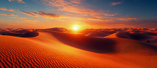 Wall Mural - Atmospheric desert landscape with orange sand dunes silhouetted against a dramatic sunset