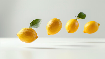 Ripe juicy lemon fruits with leaf levitating in air on white studio background. Fresh fruit lemonade healthy vitamin food contains lemons restaurant menu concept