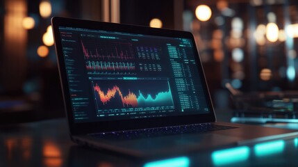 Poster - close-up of a laptop screen showing sales analytics and revenue graphs, monitoring the performance o