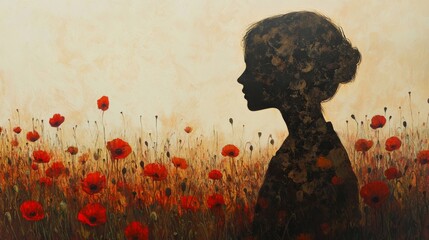 Wall Mural - Artistic depiction of a field of blooming poppies with a subtle soldier portrait