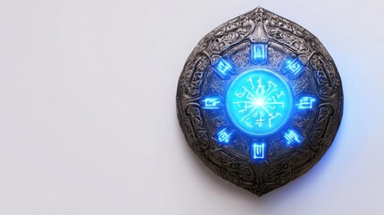 A glowing blue symbol embedded in an ornate shield, showcasing intricate designs and mystical patterns on a white background.