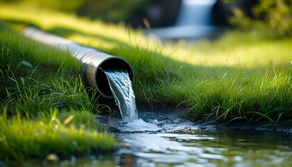 Flowing water through a pipe in a lush green meadow