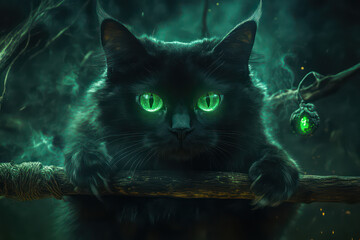 A mystical black cat with glowing green eyes perched on a branch, surrounded by an enchanting, ethereal atmosphere.