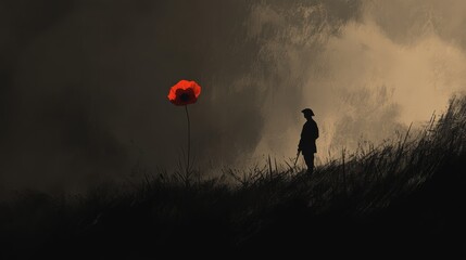 Canvas Print - Barely-there depiction of a soldier standing under a lone poppy flower.