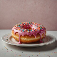 Pink glazed donut with colorful sprinkles on white plate against light pink background