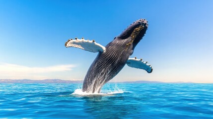 Wall Mural - Majestic Humpback Whale Breaching in Clear Blue Ocean