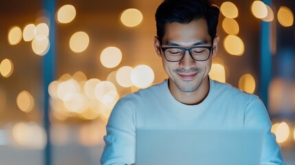 Asian entrepreneur brainstorming ideas on a laptop in a modern office