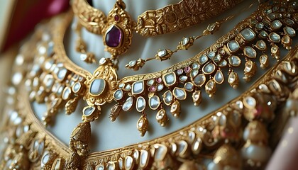 Exquisite close-up of intricate gold jewelry adorned with vibrant gemstones, highlighting the elegance and skill of traditional craftsmanship