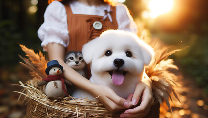 A fluffy white puppy joyfully plays with a colorful ball, embodying the ultimate cuteness of a beloved pet during the festive season