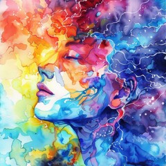 Wall Mural - A woman's face is painted with bright colors