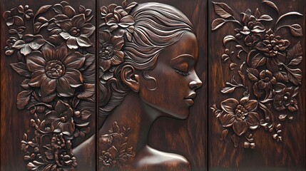 antique door knocker with three panel wooden background with carved female face