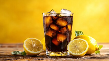 Wall Mural - close up of a glass of cola with ice and lemon wedges on a wooden table.