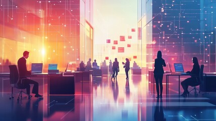 Poster - illustration of office business people working with online network connection effect