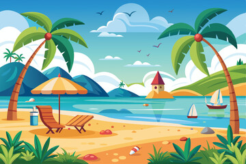 Wall Mural - Summer beach with sea illustration.