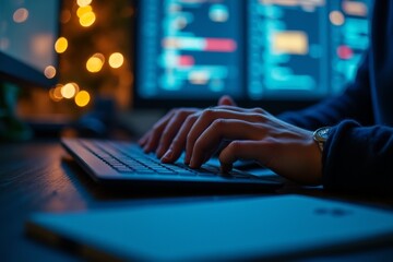 Focused hands typing on the keyboard, tracking real-time stock market data on the monitor.